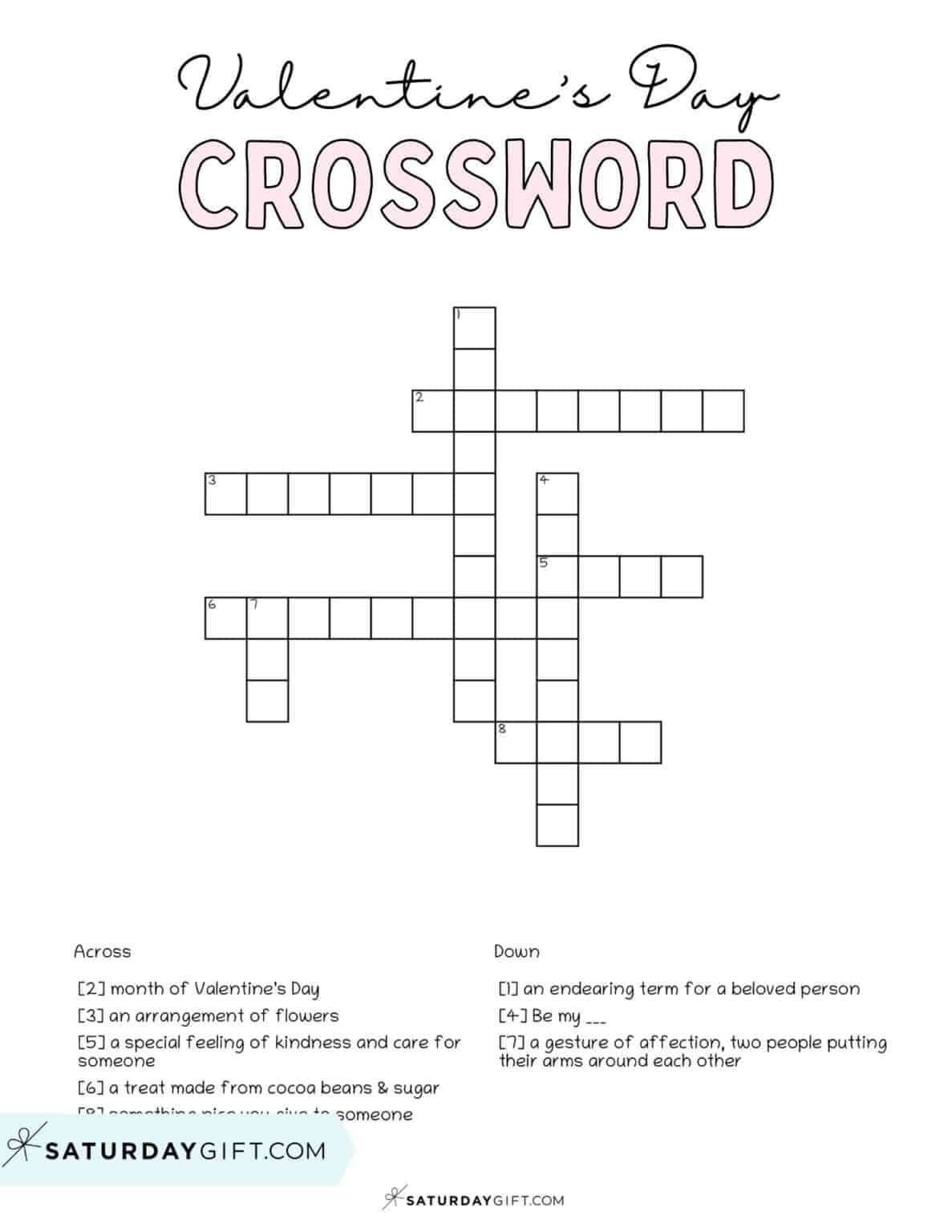 Valentine 39 s Day Crossword Puzzle Cute Free Printable SaturdayGift Valentine 39 s Day Crossword Puzzle Cute Free Printable SaturdayGift