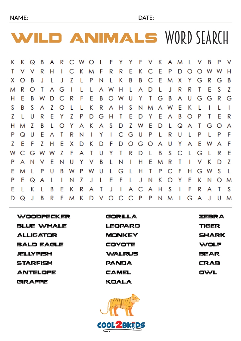Wild Animals Word Search Printable Word Search Maker