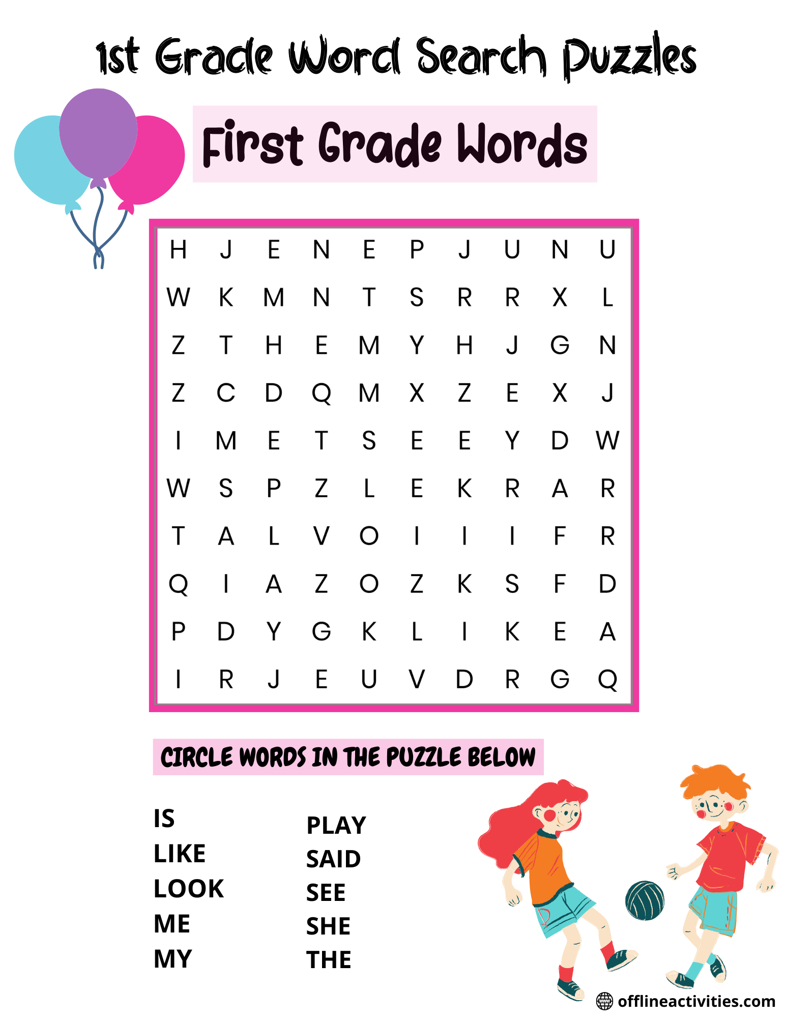 Word Search Printable First Grade Words