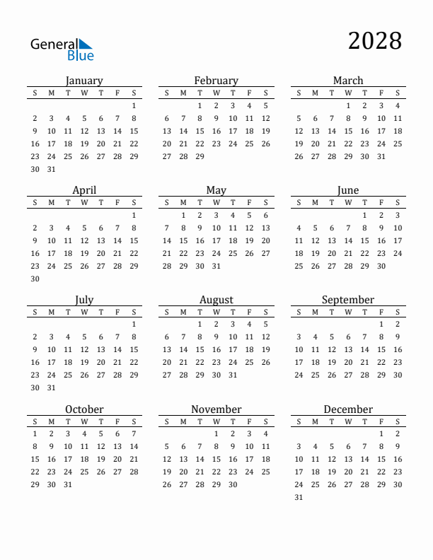 Year 2028 Free Printable 12 Month Calendar